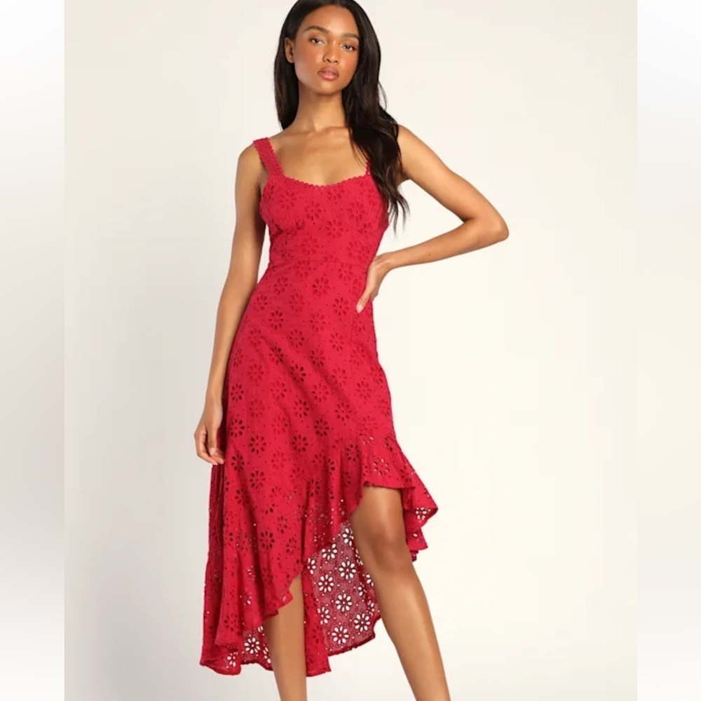 Lulu's Adoring Days Vibrant Berry Eyelet Asymmetrical Dress M